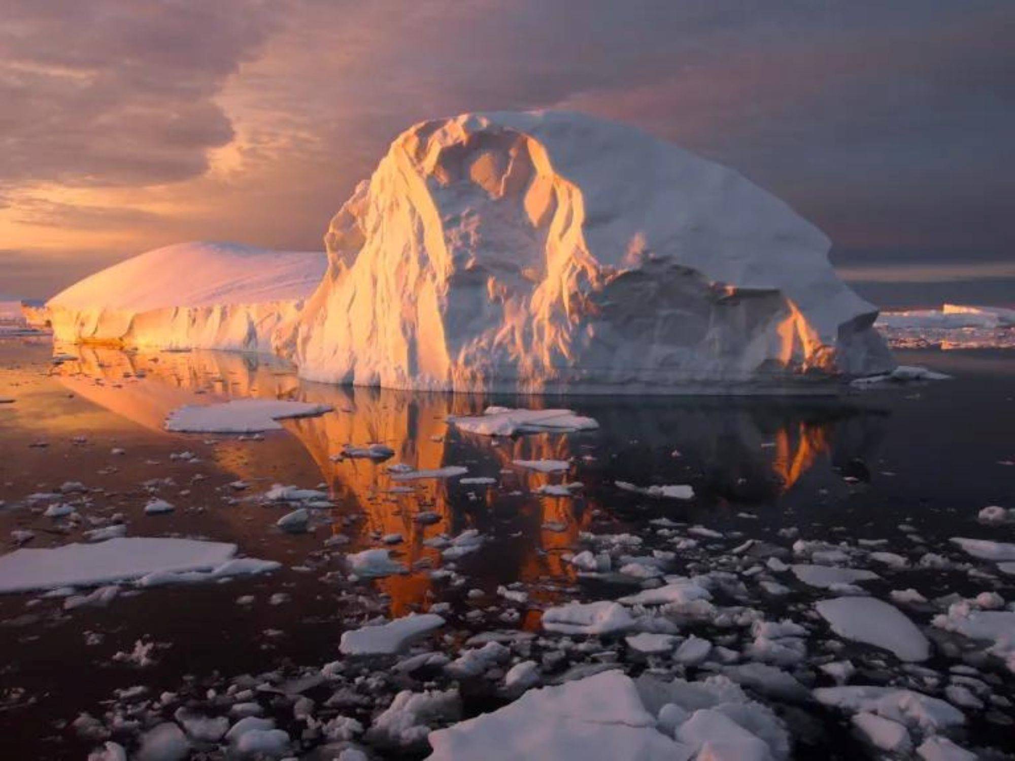 Large iceberg reflecting on calm water under warm light from setting or rising sun, with smaller ice pieces floating around, in Antarctica.